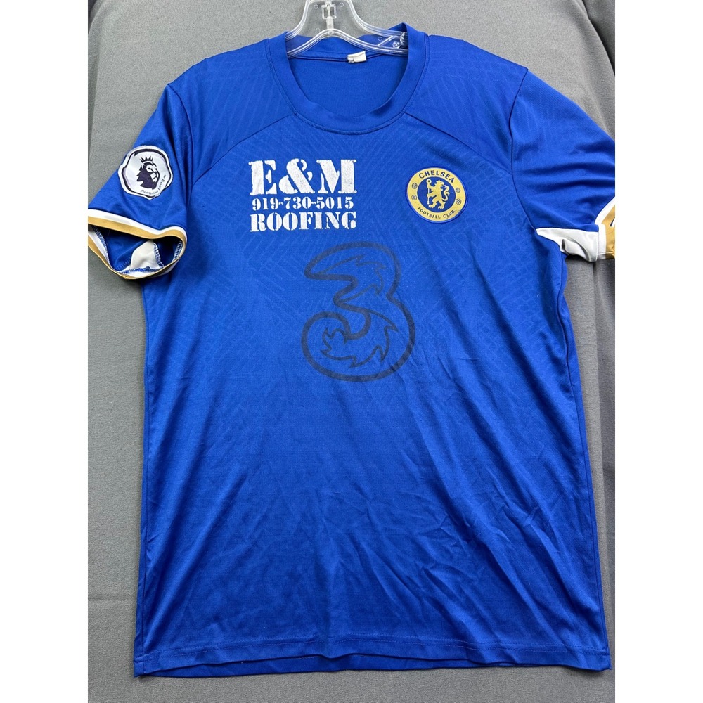Chelsea FC Soccer Jersey Blue Premier League E&M Roofing Custom #18 Men's Medium